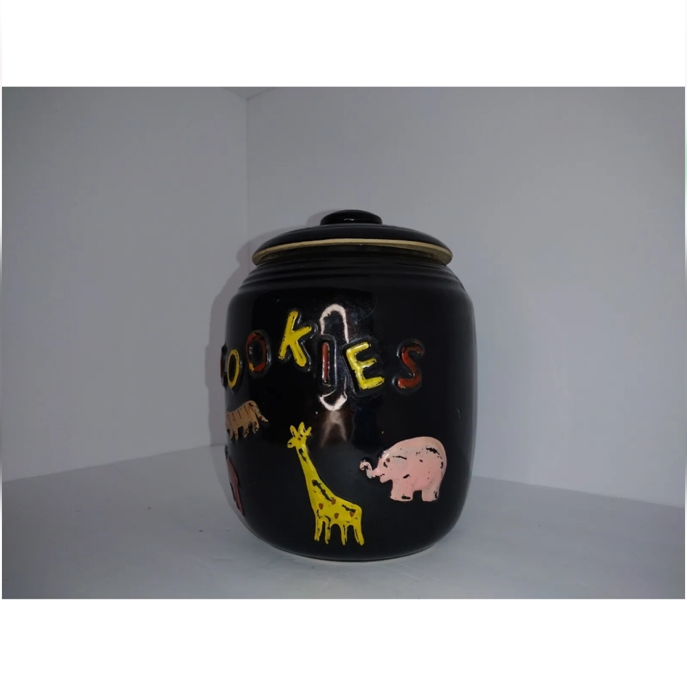Antiques Earthenware Cookies Jar Brown Cold Paint Accents Colorful Animals